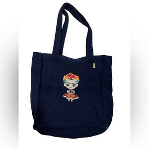 PINZON Navy Blue Tote Bag with Frida Kahlo Embroidered Appliqué